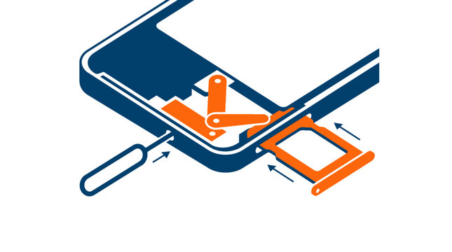 Isometric view of a smartphone with an orange SIM card tray being ejected using a SIM ejector tool, isolated white background.