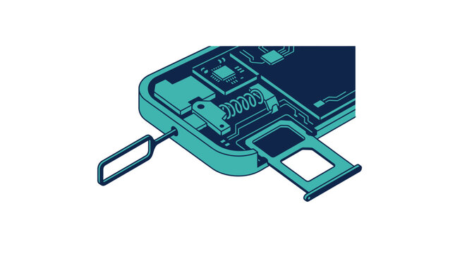 Smartphone with open SIM card tray and SIM ejector tool, showing internal circuitry in blue and orange accents, isolated white background.