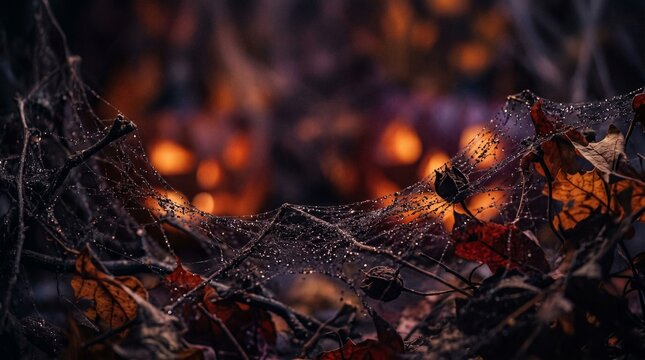 Spooky spider web with water drops on autumn leaves at night forest. Mysterious halloween background with orange bokeh lights. Close up of cobweb in dark woods with dry foliage.