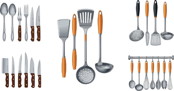 Collection of Kitchen Utensils Including Knives, Spoons, Forks, Spatulas, Ladles, and Cooking Tools in Various Styles for Culinary and Cooking Illustrations