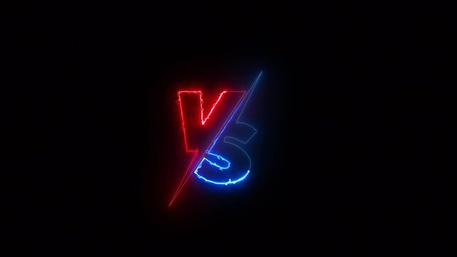 Neon versus logo background red blue lightning slash, dark empty space, glowing symbol, dramatic competition style. gaming videos, sports battles, tournament intros, match promos, and rivalry screens.