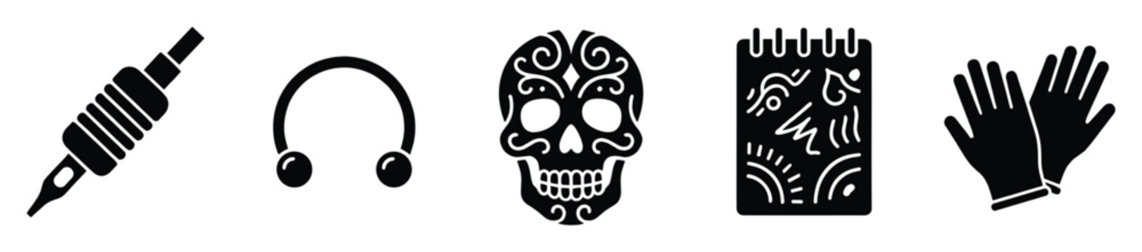 Tattoo and piercing studio equipment, decorative skull, and safety supplies icons.
