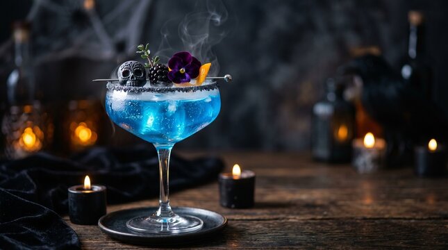 Bright blue Halloween cocktail with dry ice smoke and skull berry garnish in coupe glass on dark rustic wooden table. Vibrant electric blue alcoholic drink for party promotions.