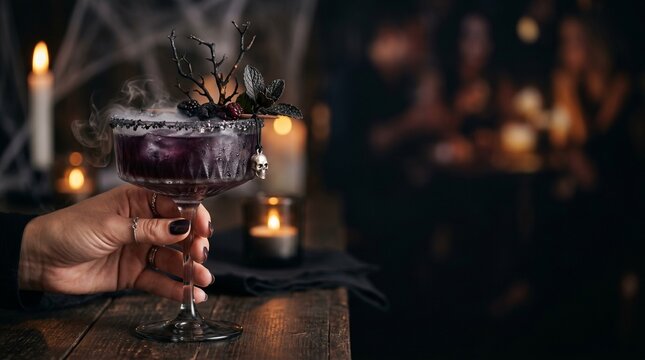Female hand with black nails holding dark purple Halloween cocktail with dry ice and skull charm. Elegant moody drink with spooky tree branch garnish for party invitations.