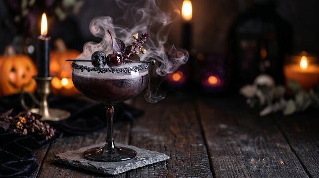 Dark purple gothic Halloween cocktail with heavy smoke and cherry garnish on slate coaster. Moody witchy drink with black skull and candles in background for seasonal bar menu.