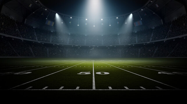 American Football Stadium with  Lights at Night. An imaginary American soccer stadium is modelled and rendered.