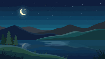 Naklejka premium Flat vector illustration of a peaceful rural landscape with lake and a small house at night