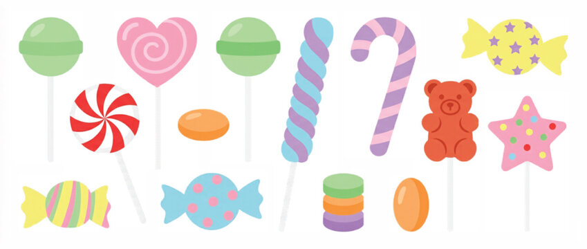 Pastel candy vector set with colorful lollipops and gummy bears. Sweet confectionery collection of 14 elements. Flat dessert icons for party invitations.