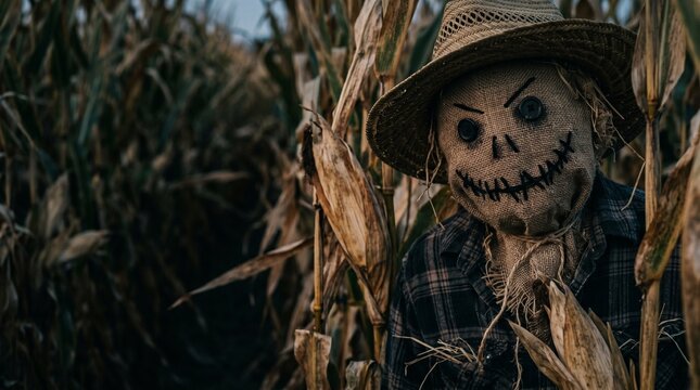 Creepy Halloween scarecrow with burlap mask and button eyes hiding in corn field at twilight. Spooky harvest festival concept with demonic straw man character and rural autumn landscape.
