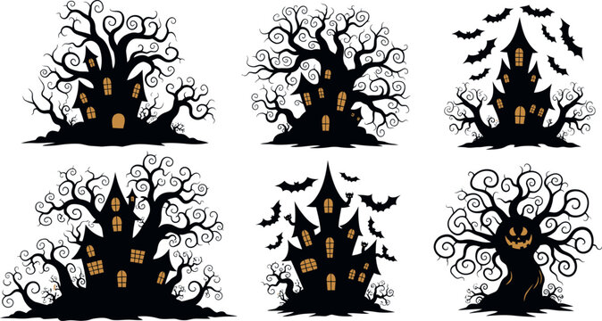 Halloween haunted house silhouettes with trees and bats