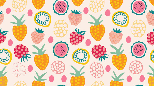 Vibrant fruit pattern with pineapples strawberries and raspberries in bright colors on cream background