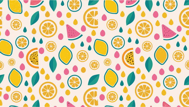 Vibrant citrus fruit mix pattern with slices of orange lemon lime and watermelon on white background