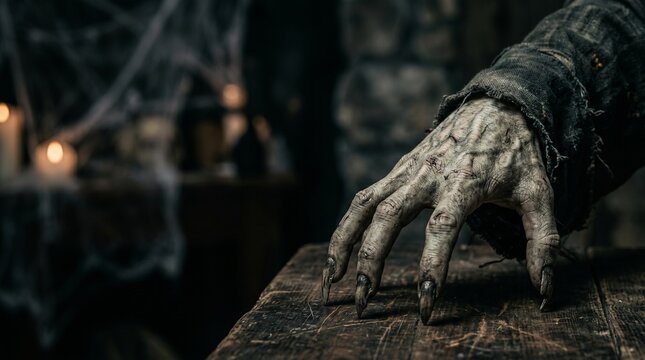 Creepy zombie hand with long claws on old wooden table, scary monster monster reaching out in a haunted house setting with cobwebs