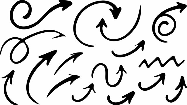 Hand drawn arrow vector set with playful doodle arrows in black on white background for design and decoration