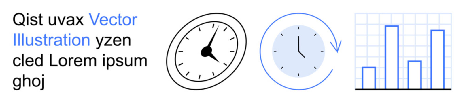 Time management, progress tracking, analytics, productivity, data organization, business planning. Features clocks and bar graphs. Time management and progress tracking