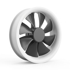 Obraz premium A white industrial ventilation fan with dark gray blades is prominently displayed on a clean white background, showcasing its design and purpose for air movement 