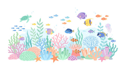 Obraz premium Colorful Coral Reef Scene with Tropical Fish and Sea Turtle