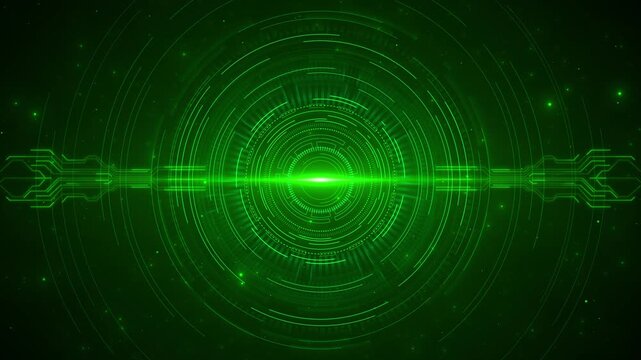 Green circular HUD scanner interface glowing radar rings, circuit lines, particles, laser center light. for sci fi videos, cyber security visuals, AI dashboards, tech intros, futuristic screens motion