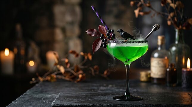 Witch green brew cocktail with black crow and skull decoration for Halloween party, spooky holiday drink with dry ice smoke and berries