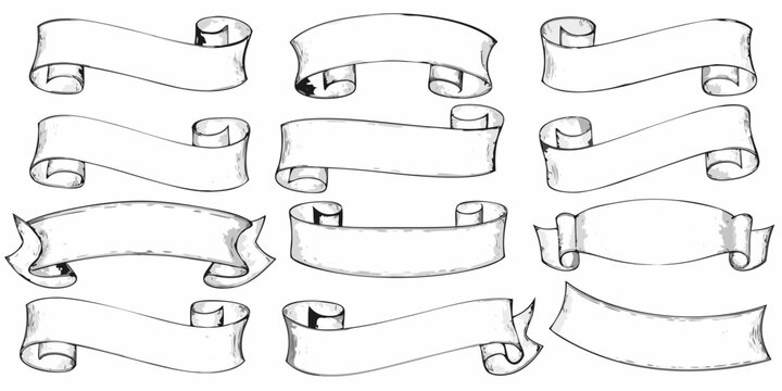 Collection of hand drawn scroll banners and ribbons vintage style sketch on white background