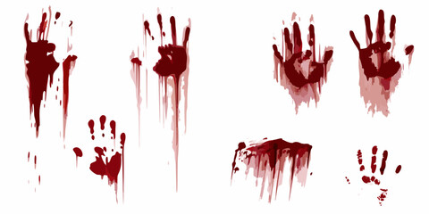 Bloody handprints and splatters illustration graphic design with red stains on white background high quality © Bebdas