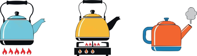 Obraz premium Colorful boiling kettles on gas stoves isolated on transparent background kitchen cookware vector illustration set