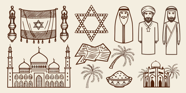 Cultural symbols and religious icons illustration including star of david mosque and traditional figures