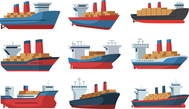 Cargo ships collection set, container vessels fleet illustration, maritime transport vector for logistics and shipping