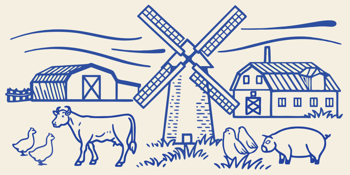 Line drawing of a rural landscape featuring a dutch windmill barn cow pig and chicken
