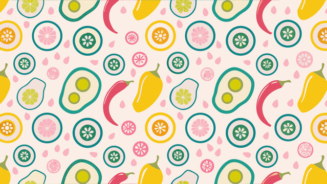 Vibrant seamless pattern with avocados limes chili peppers and lemons on white background perfect for food design