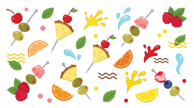 Colorful cocktail garnish vector set, fruit skewers with cherries and olives, fresh mint leaves and liquid splashes for bar menu design