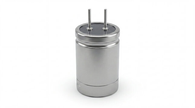 Close-up shot of a single, cylindrical electronic capacitor with two silver prongs on top, isolated on a white background