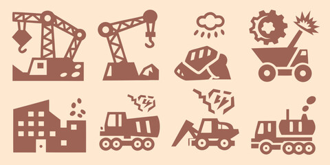 Construction equipment icons set including cranes dump trucks and demolition in a flat style © Bebdas