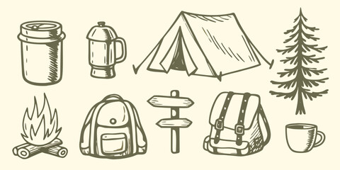 Camping equipment collection hand drawn sketch style with tent backpack and campfire high quality professional © Bebdas