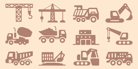 Construction vehicle icons set including cranes dump trucks and excavators in a flat style © Bebdas