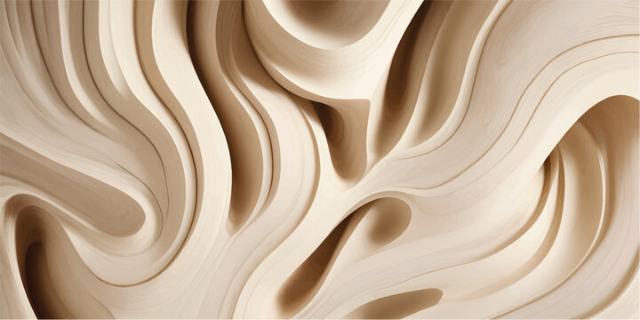 Abstract wood texture with flowing waves and curves in light beige, highlighting natural grain patterns and smooth surfaces suitable for various design projects