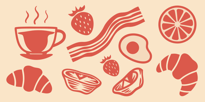 Breakfast food silhouettes including coffee bacon croissant and fruit on a beige background high quality