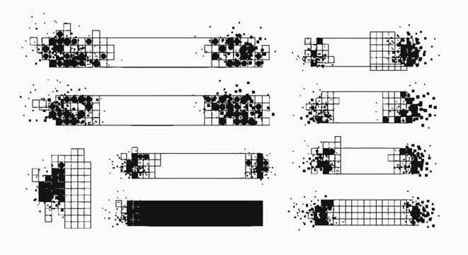 Retro pixelated grunge progress bars set, black and white loading UI elements in vector format, halftone and dotted glitch interface for web apps