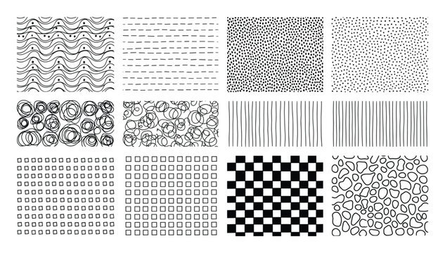 Black and white graphic textures featuring diverse dots, lines, and shapes for modern design.