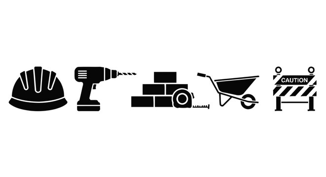 Industrial construction icons vector set in black silhouette, building site tools and equipment pictograms, contractor safety and work symbols for UI and signage