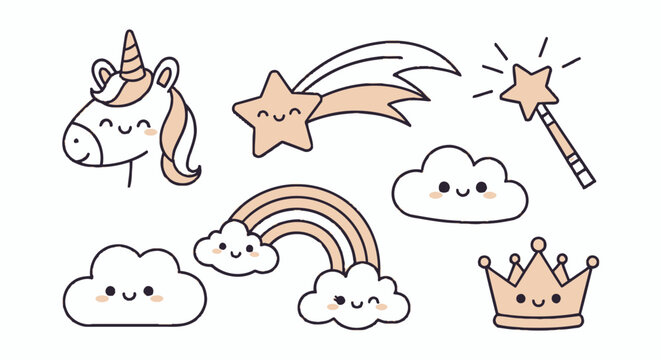 Cute hand drawn doodle set, kawaii unicorn rainbow clouds and magic wand icons, pastel outline vector illustration for kids branding, stickers, nursery