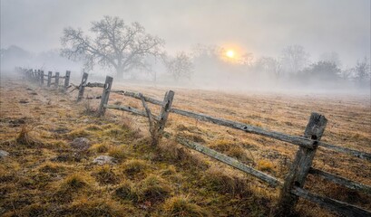 Obraz premium Weathered Split Rail Fence Crossing Foggy Autumn Field at Sunrise