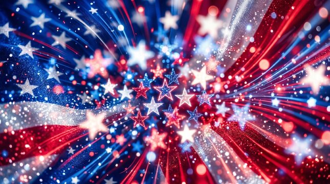 Dynamic zoom effect on American flag with glowing stars and bokeh lights. Creative patriotic background for 4th of July Independence Day celebration and USA national holidays.
