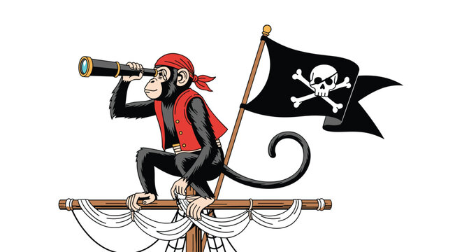 Brave monkey dressed as a pirate captain looking through a telescope on a ship mast with a skull and crossbones flag.