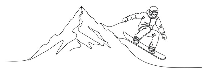 Fototapeta premium Continuous line drawing of a snowboarder riding down a mountain slope for winter sports promotion