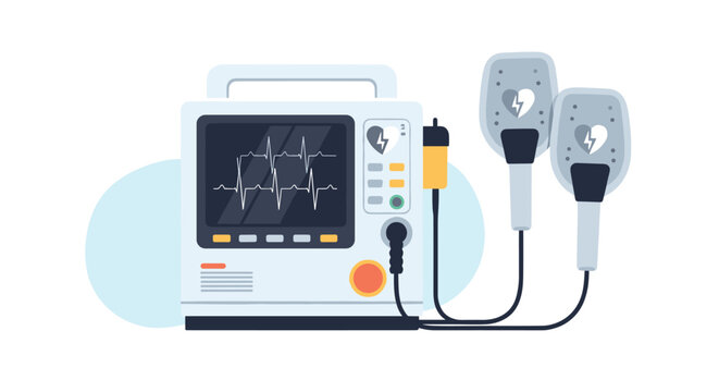 Modern medical defibrillator equipment with digital heart rate monitor and paddles used for emergency cardiac resuscitation.
