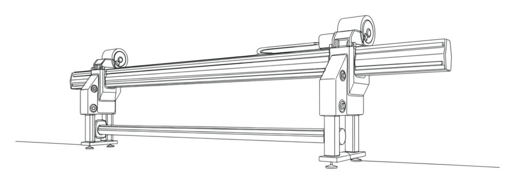 Wireframe blueprint of a modern large format industrial printer or CNC plotter mechanism structure.