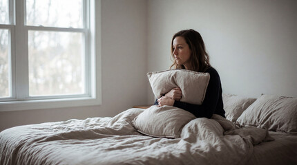 Fototapeta premium Woman sitting on bed hugging pillow while looking through window in quiet bedroom sadness loneliness mental health stress emotional isolation concept with soft daylight home interior