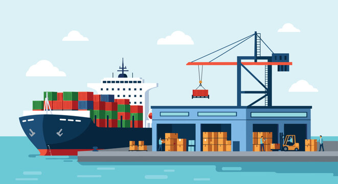 Busy commercial shipping port featuring a large container cargo ship being loaded by industrial cranes for global logistics.