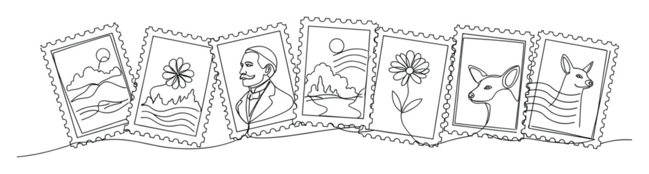 Continuous line art postage stamps for philately projects and creative communication graphics